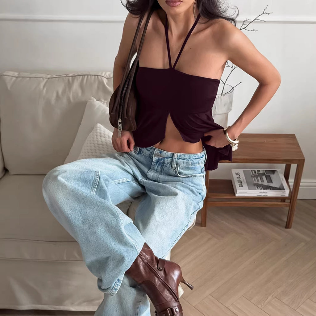 Halterneck Suspender Slit Camisole