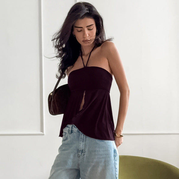 Halterneck Suspender Slit Camisole